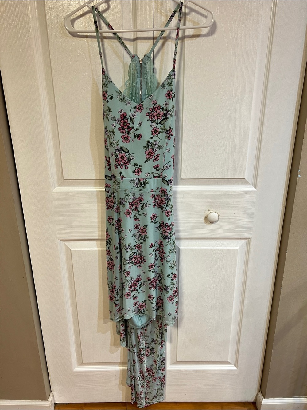 No Boundaries Mint Floral High-Low Spaghetti Strap Dress with Pink Flowers